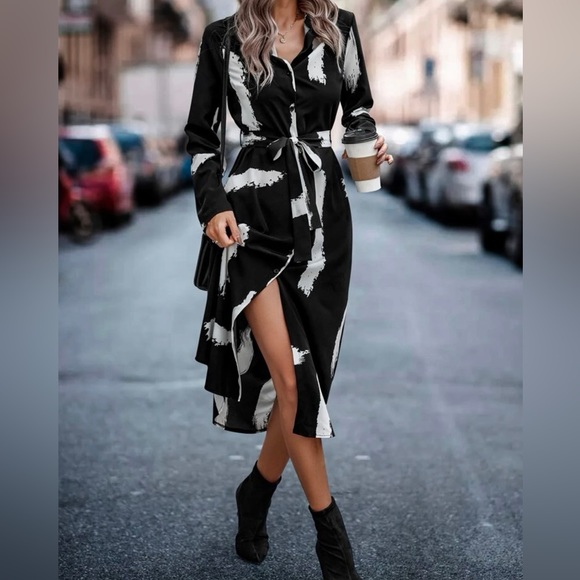 Belted Shirt Dress With Black and White Pattern - Picture 1 of 3
